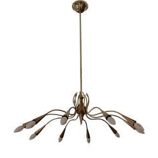 Large Brass Spider 10-Light Chandelier attributed to Oscar Torlasco for Lumi, Italy, 1950s For Sale