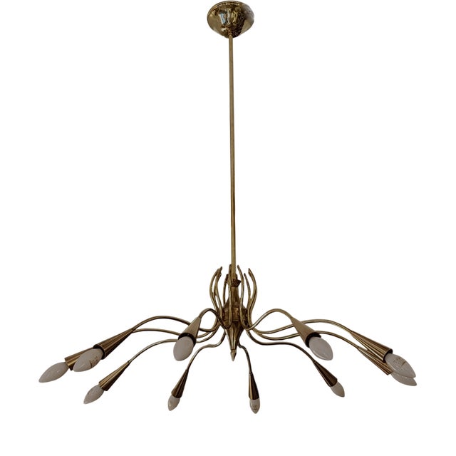 Large Brass Spider 10-Light Chandelier attributed to Oscar Torlasco for Lumi, Italy, 1950s For Sale