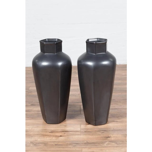 Contemporary Pair of Cobalt Gray Ceramic Vases For Sale - Image 3 of 13