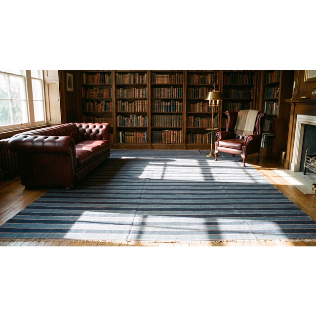 Traditional Antique Indian Cotton Dhurrie Rug With Blue Vertical Stripe Motif For Sale - Image 14 of 15