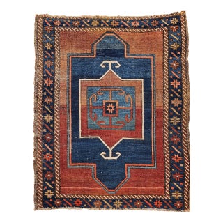 19th Century Caucasian Fachralo Kazak Prayer Area Rug, Persimmon & Blue, 3' x 4' For Sale