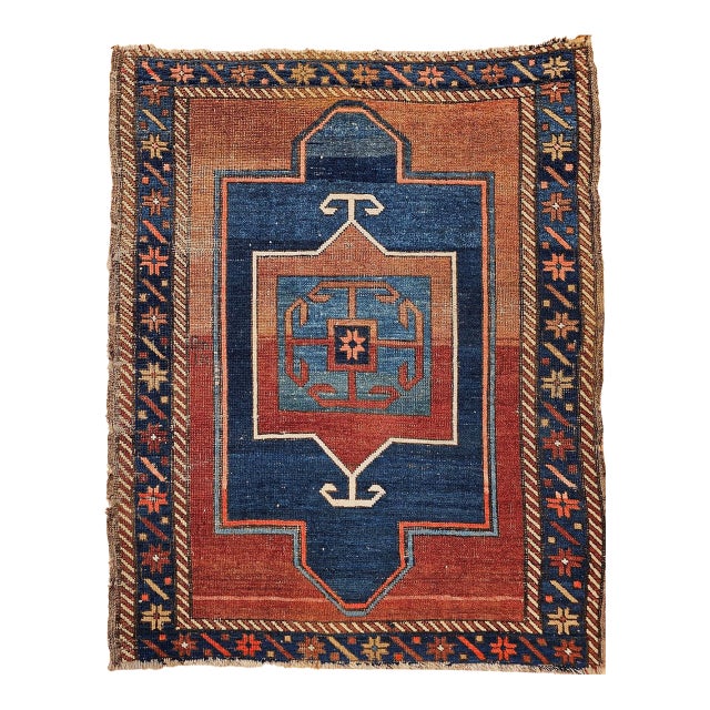 19th Century Caucasian Fachralo Kazak Prayer Area Rug, Persimmon & Blue, 3' x 4' For Sale
