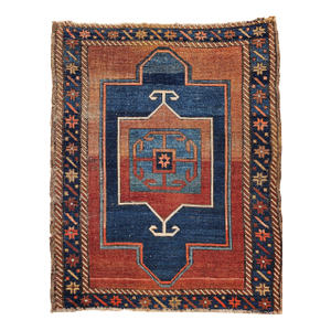 19th Century Caucasian Fachralo Kazak Prayer Area Rug, Persimmon & Blue, 3' x 4'