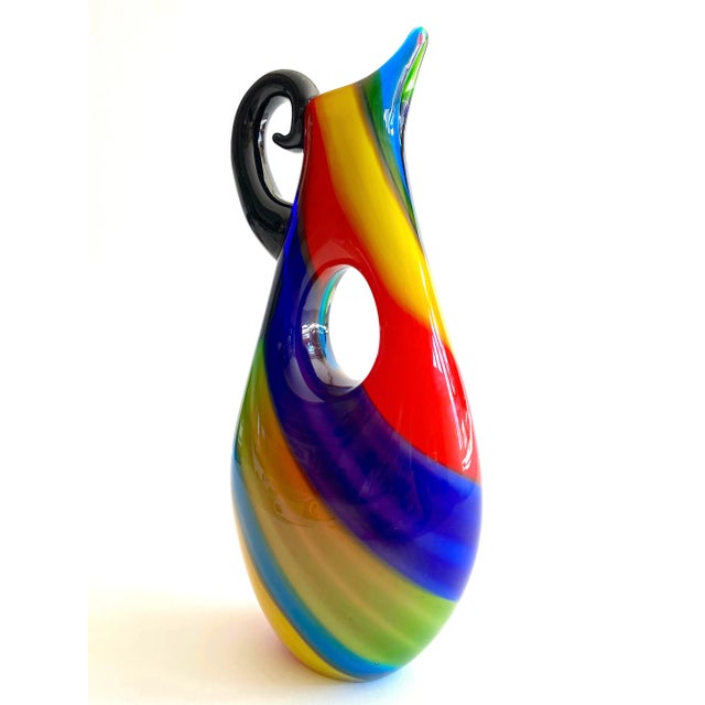 Postmodern Vintage 1980's Postmodern Italian Murano Art Glass Fused Multicolor Stripe Sculptural Pitcher Vase For Sale - Image 3 of 13