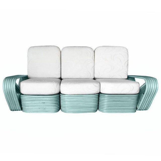 Mid-Century Modern 1950s Restored Teal 6-Strand Square Pretzel Rattan Sofa & Lounge Chair Livingroom Set For Sale - Image 3 of 7