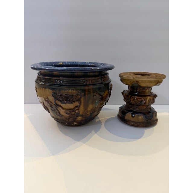 Ceramic Vintage Majolica Style Pedestal Jardinière Planter With Figural Relief For Sale - Image 7 of 11