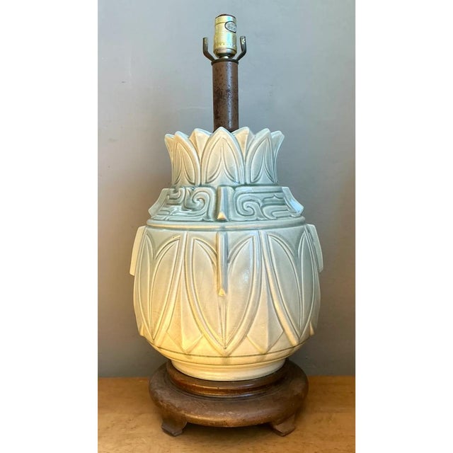 Late 20th Century Vintage Glazed Ceramic Table Lamp With Wood Base For Sale - Image 5 of 12