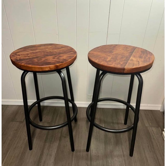 Wood Handcrafted Cherry Wood Bar Stools Barstools Chairs With Hammered Bronze Finish — A Pair For Sale - Image 7 of 7