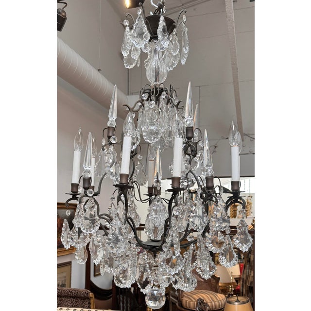 French 19th Century Style French Crystal & Bronze Patinated Chandelier For Sale - Image 3 of 6
