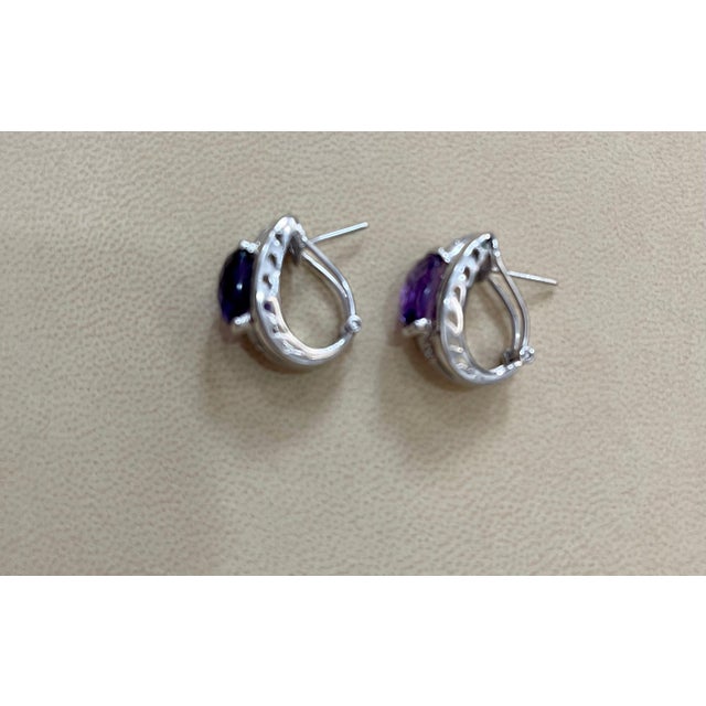 6 Carat Amethyst and Diamond 14 Karat White Gold Earrings, Omega Back For Sale - Image 10 of 18