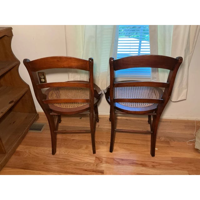 Pair of Victorian Ladder-Back Arm Chairs With Round Cane Seats, Walnut, C. 1880s For Sale - Image 4 of 7