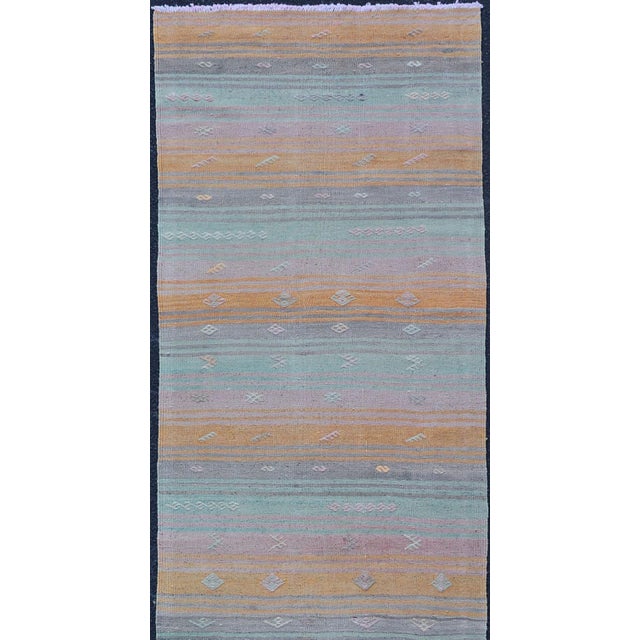 Vintage Turkish Kilim Runner With Blue, Orange, and Soft Lavender Stripes For Sale - Image 4 of 11