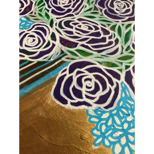 Gold Original Painting on Canvas by CL Auker “Roses on Gold With Blue” For Sale - Image 8 of 9