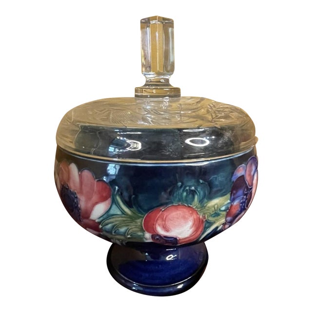 Mid 20th Century Moorcroft Cobalt Clematis Footed Pedestal Bowl, Signed by A. Davenport For Sale