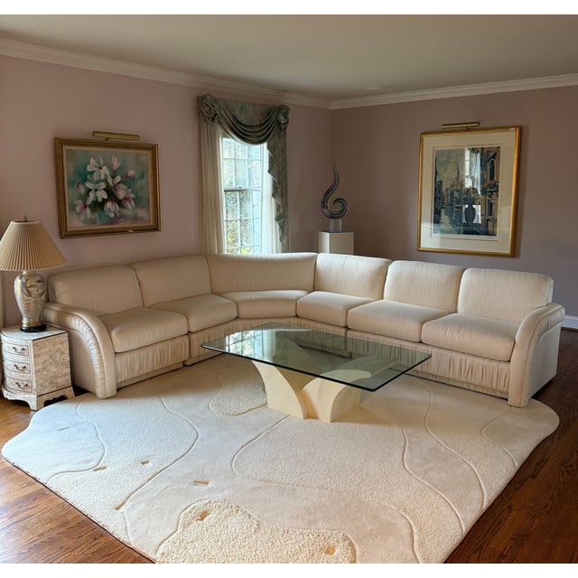 Gorgeous 3 piece vintage postmodern fully upholstered sculptural sectional. This piece features recessed base with...