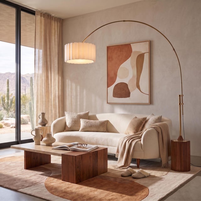 Weathered brass meets hand-crafted walnut tambour - a smart-home-ready arc lamp with zero installation. The Tambo Arc Lamp...