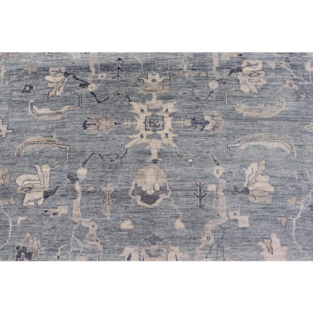 Turkish Angora Oushak Rug With Steel Blue Field and Light Gray Border For Sale In Atlanta - Image 6 of 14