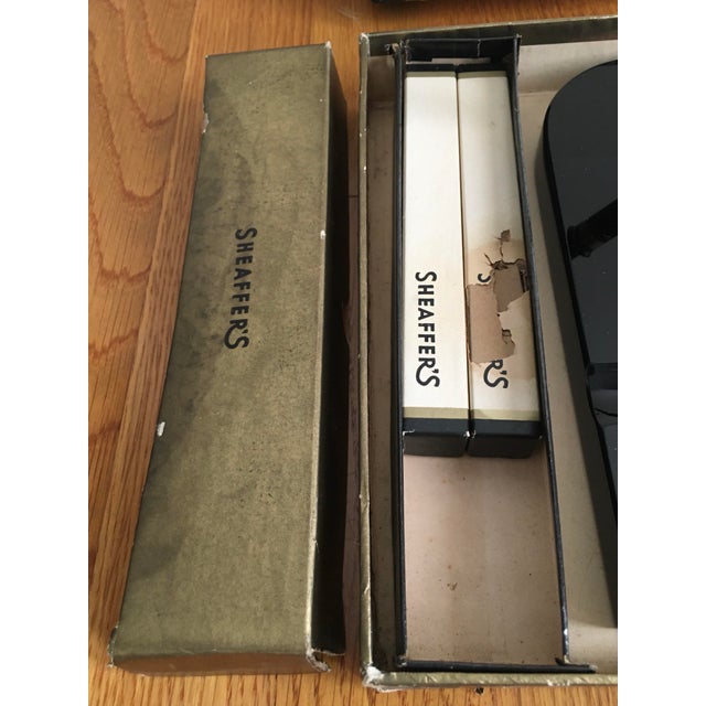 Metal Rare Vintage Large Black Onyx Sheaffer Desk Set Comes With 2 Sheaffer White Dot Pens as Well as 2 Gold Nib Pens. For Sale - Image 7 of 12