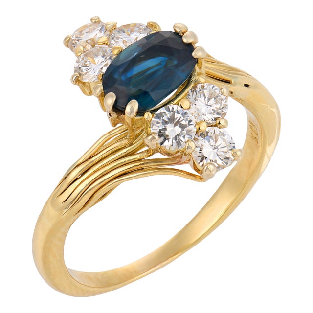 Vintage Sapphire Diamond 18k Yellow Gold Ring, Size 6 For Sale