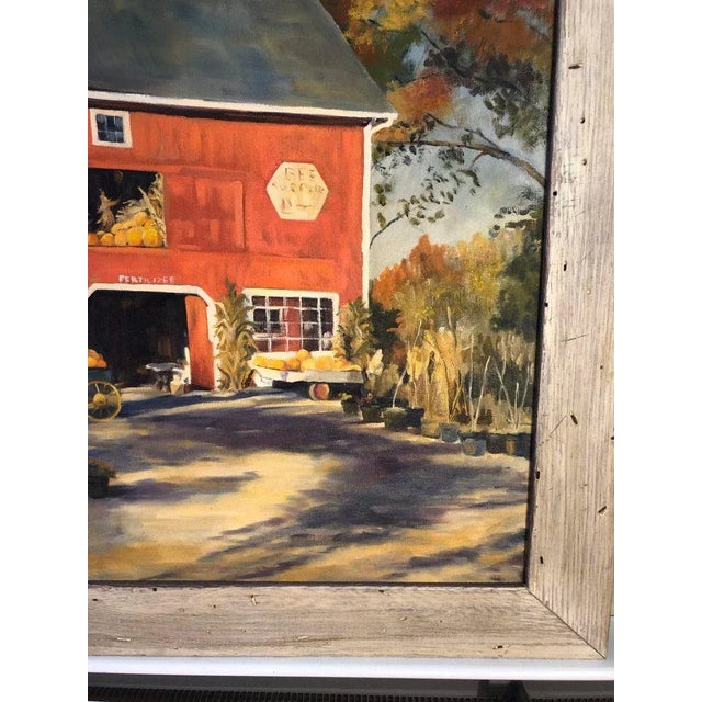 1970s Autumn Barn Landscape and Oil on Canvas of Red Barn Signed J. Preece For Sale In New York - Image 6 of 13