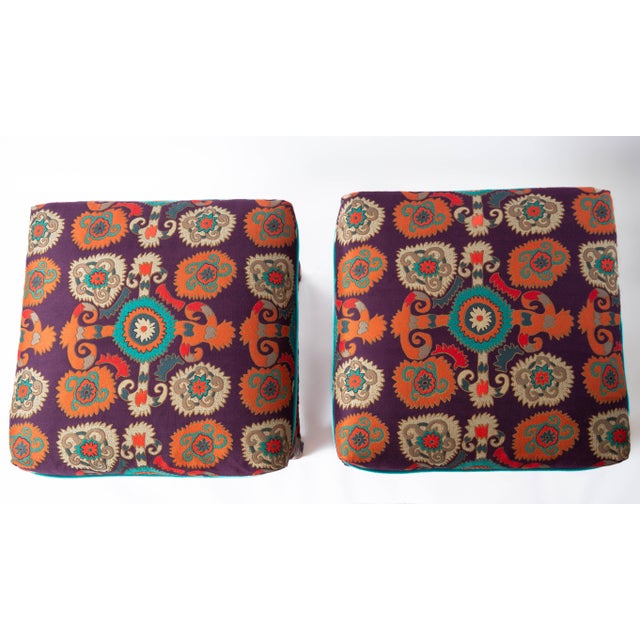 Milo Baughman for Thayer Coggin Pair of 1970's Milo Baughman Stretcher-Base Stools, Newly Upholstered in Etro's "Fergana Viola" Italian Paisley Jacquard For Sale - Image 4 of 5