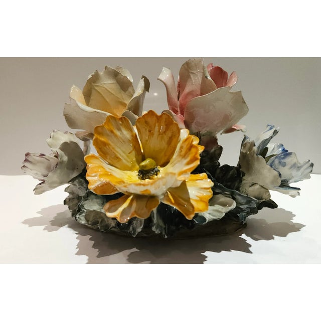 Yellow 1930s Vintage Centerpiece Capodimonte Porcelain Flower Basket Made in Italy For Sale - Image 8 of 12