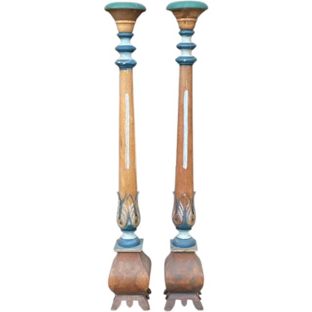 Italian Mid-Century Neo-Classical Polychrome Wood Pricket Candlesticks Candle Stands - Pair For Sale In Atlanta - Image 6 of 6