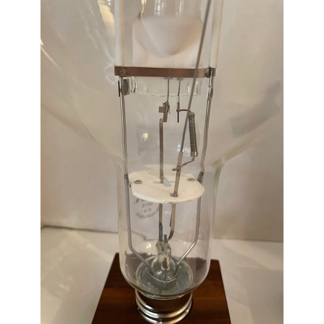 Industrial Vintage Retro High Pressure Sodium Industrial Bulb Display on Wood Pedestal Marked "Roost" - Set of 2 For Sale - Image 3 of 8