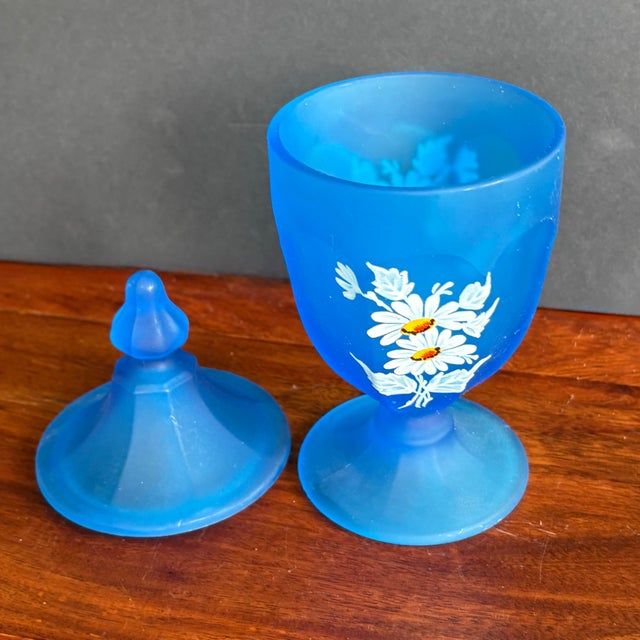 1960s Vintage Westmoreland Blue Satin Glass Candy Dish With Lid – Hand-Painted Floral Compote For Sale - Image 5 of 7