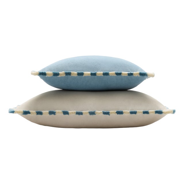 Couple Bicolor Happy Cushions White and Light Blue Velvet from Lo Decor, Set of 2 For Sale