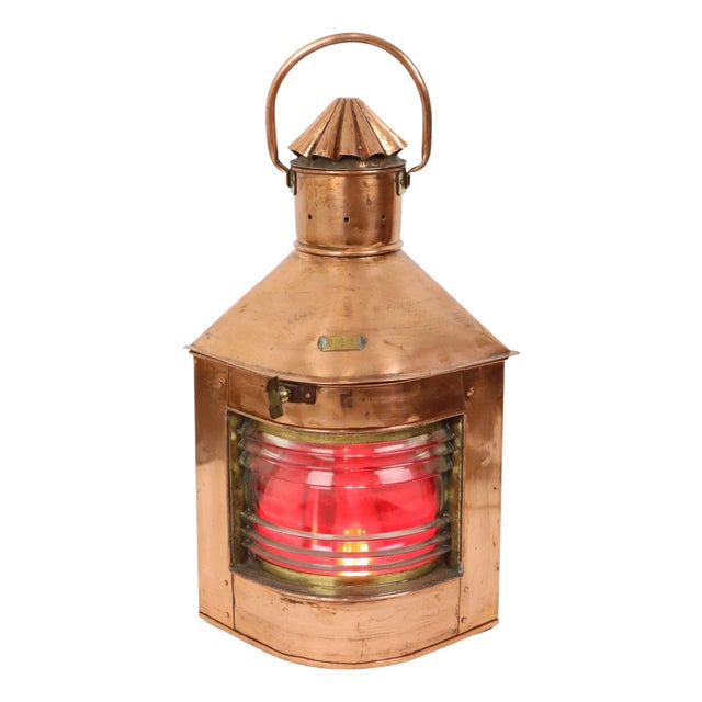 Large Vintage Ships Lamp in Red Copper with Fresnel Lens For Sale