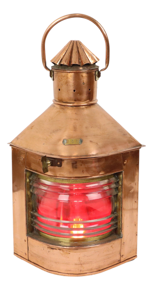 Large Vintage Ships Lamp in Red Copper with Fresnel Lens