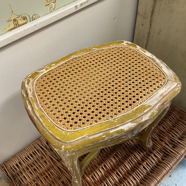 Vintage French Carved Wood Footstool Caning Replaced Chippy Original Finish Beige Yellow For Sale - Image 10 of 11