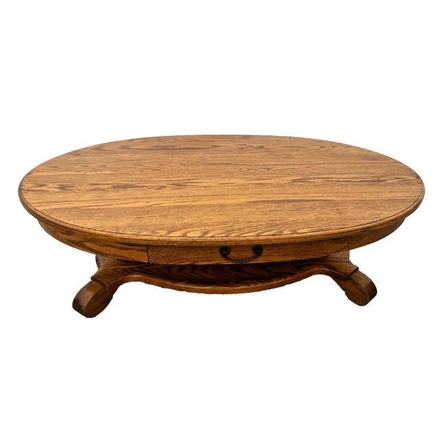 Brown Oval Coffee Table Tiger Oak, Center Drawer, Shelf, Empire Style, Made by Heirloom Enterprises Inc. For Sale - Image 8 of 12