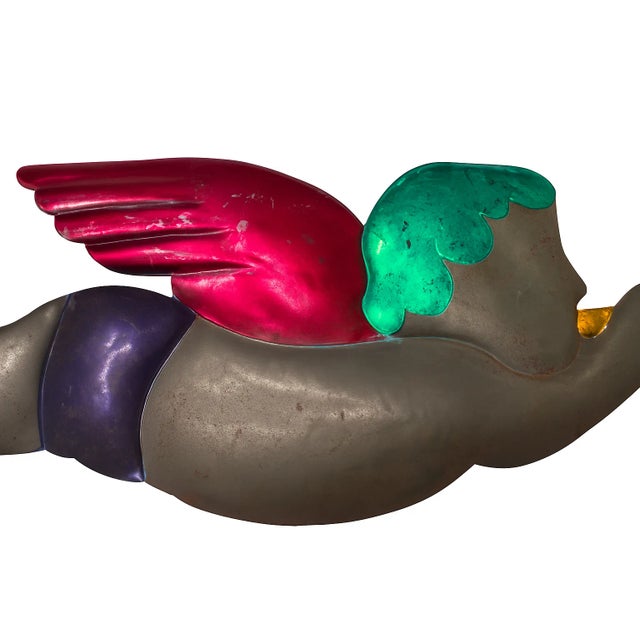 Large and Rare Vintage Mexican Tin Folk Art Angels – 24″ Hand-Painted Trumpet Wall Pair For Sale - Image 4 of 11