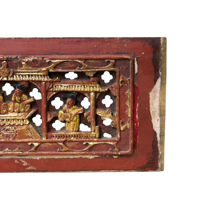 Chinese Vintage Wood Red Golden Relief Carving Wall Hanging Art Plaque For Sale - Image 4 of 7