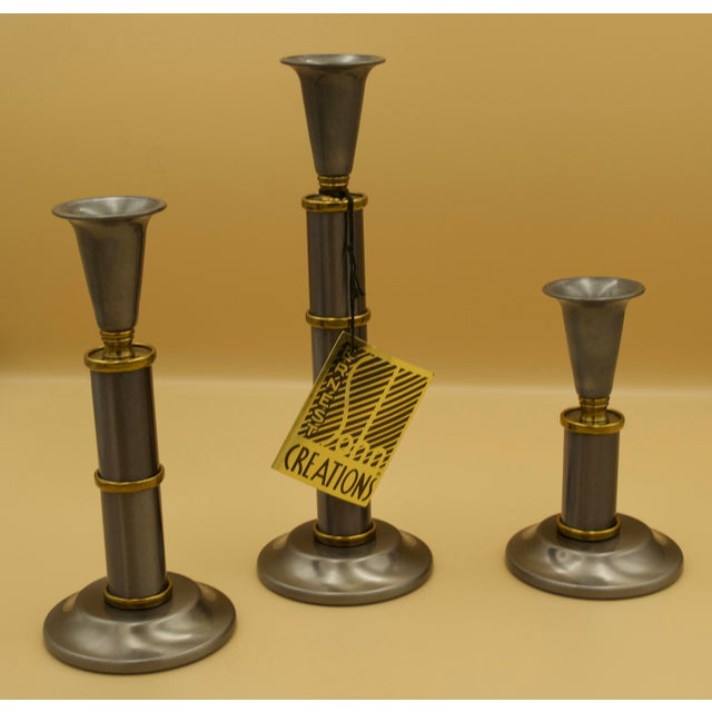 Mid-Century Modern Mid-Century Ernest Sohn Creations Metal Candlesticks, Set of Three, Original Tag For Sale - Image 3 of 8