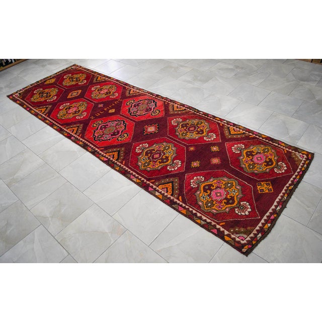 Ruby Red Vintage Hand-Knotted Turkish Area Rug Wide Hallway Rug Gallerie Runner Rug- 3′11″ X 12′6″ For Sale - Image 8 of 16