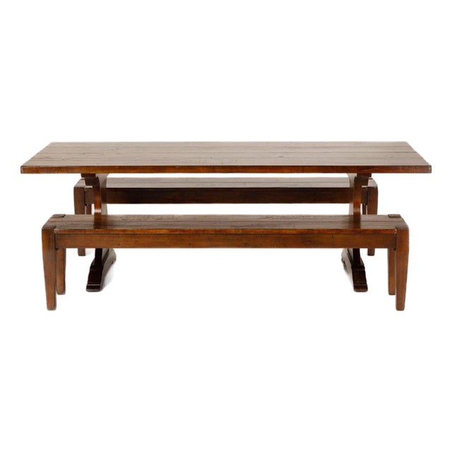 959 Large Solid Cherry Custom Built Dining Table and Two Benches For Sale