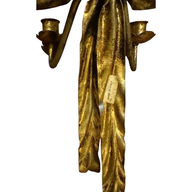 Vintage Italian Gilt Tole Gold Bow Wall Sconces / Candle Holders, a Pair For Sale In Dallas - Image 6 of 6