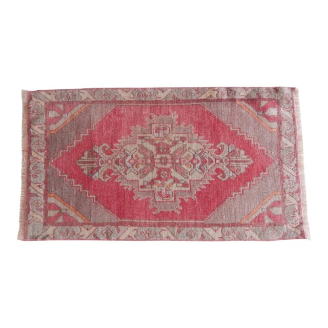 Distressed Low Pile Small Turkish Hand Knotted Yastik Rug 1′10″ × 3′3″ For Sale