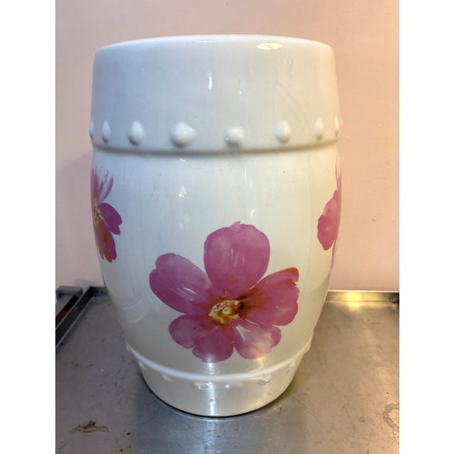 White / Pink Flower Chinese Ceramic Garden Stool For Sale - Image 6 of 6