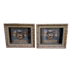Framed Pair of Early 19th Century Qing Dynasty Silk Embroidery Rank Badge With Peacock