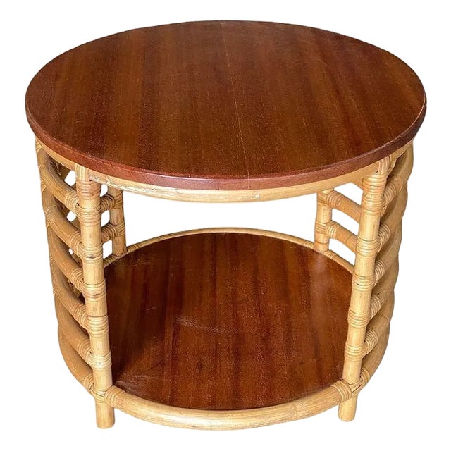 1950s Restored Two-Tier Round Ladder Side Pole Rattan Side Table W/ Mahogany Top For Sale