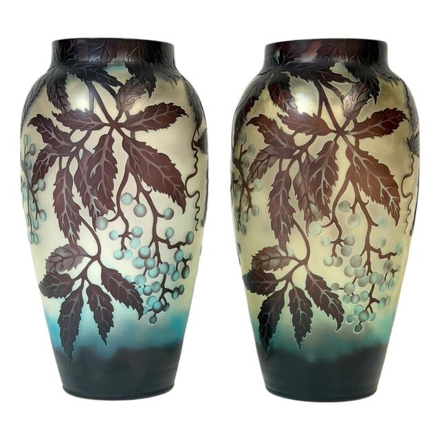 Pair of Stunning French Cameo Glass Vases in the Style of Gallé For Sale