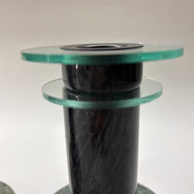 Ebony 1980’s Post Modern Memphis Milano Marble and Lucite Candle Holders For Sale - Image 8 of 9