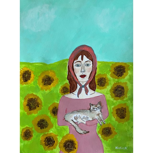 A contemporary abstract painting of a woman in a field of sunflowers with her cat. About this item: 10”x13” original...