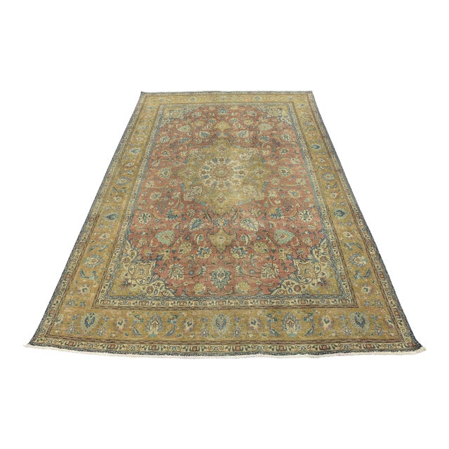 Tabriz Rug 8’6” X 11’5” Red Wool Vintage Distressed Hand-Knotted Carpet For Sale