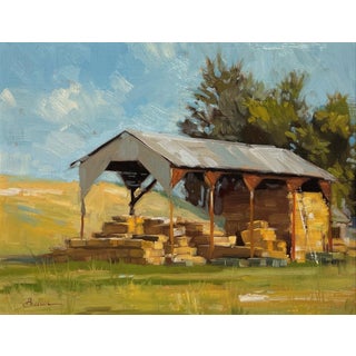 Stacked by Samantha Buller | Oil Painting of a hay shed with stacked bales in a field. For Sale