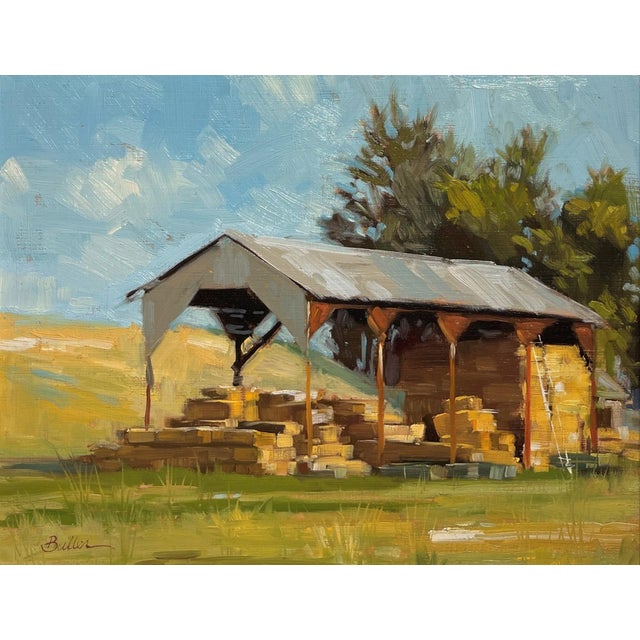 Stacked by Samantha Buller | Oil Painting of a hay shed with stacked bales in a field. For Sale